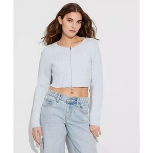 Wild Fable Baby Blue Ribbed‎ Double Zipper Cropped Sweater XXS